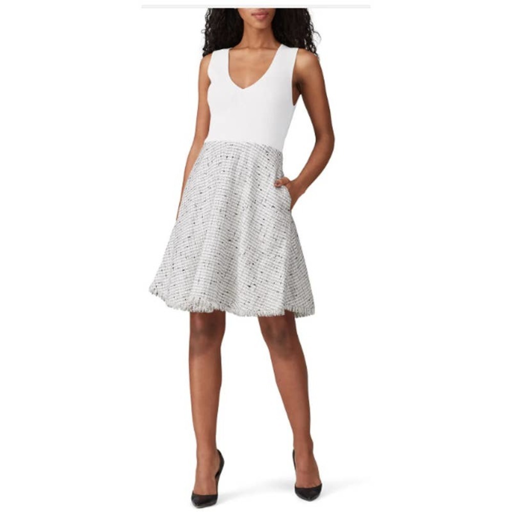 Ted Baker 4 Adalad Metallic Shift Dress White Gray Knit Tweed Fringe Sleeveless - Picture 1 of 9